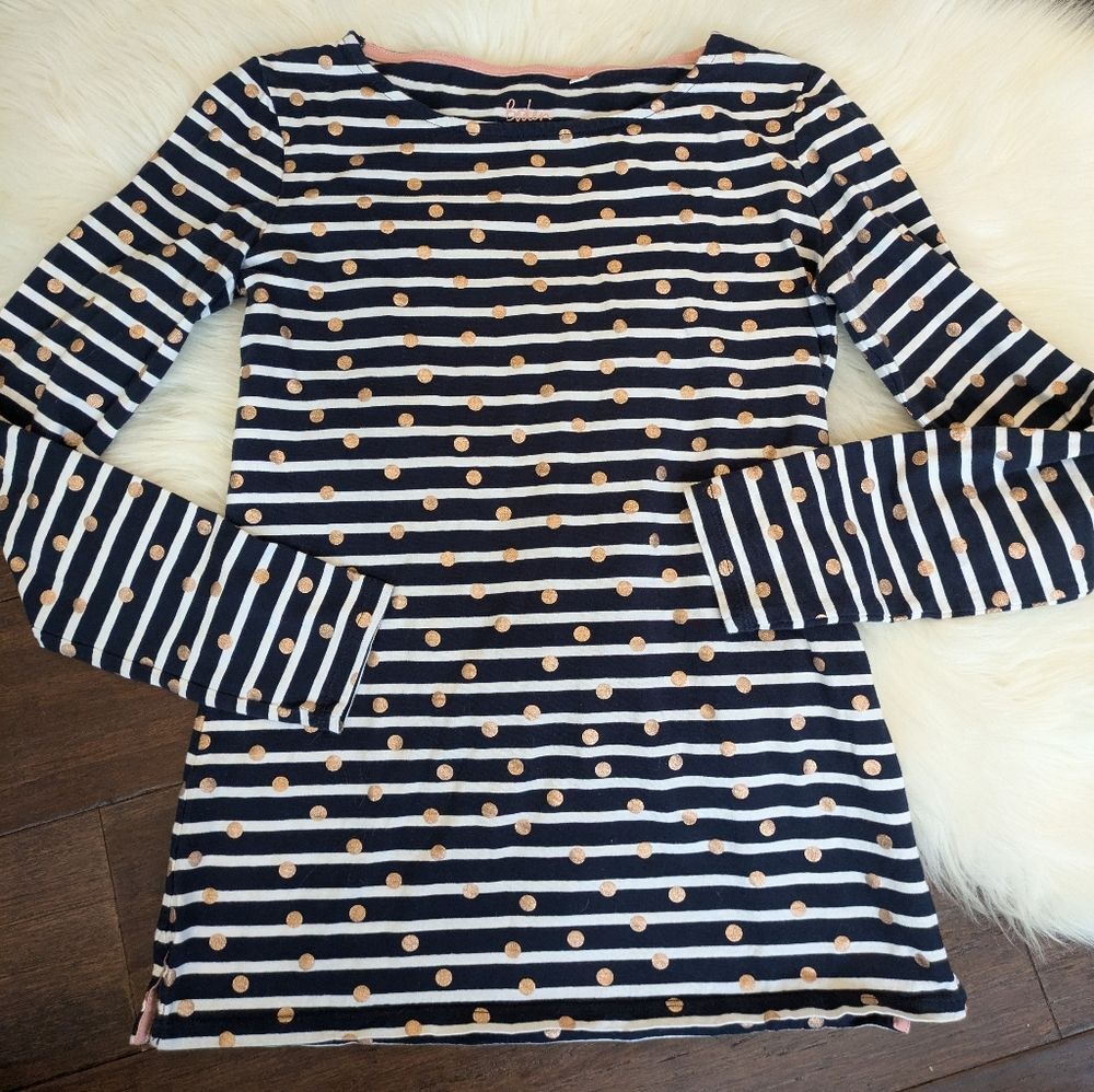 Boden Pink and Blue Fitted Long Sleeve T-shirt with Bateau Neckline